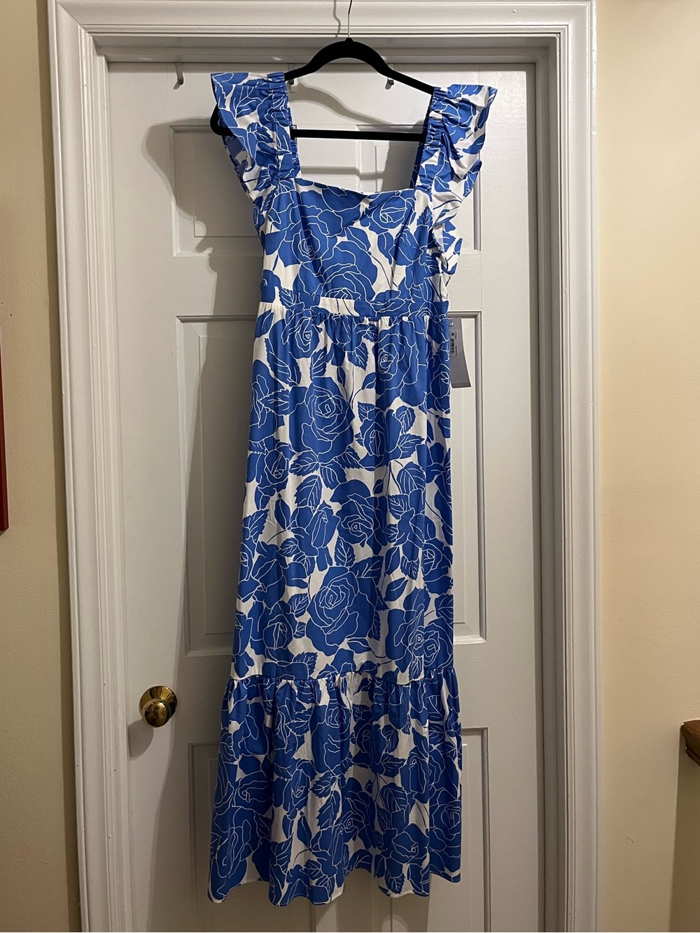 London Times Blue and White Floral Maxi Dress with Ruffle Straps